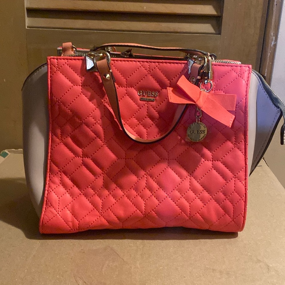 Guess pink quilted purse w/cross body strap included additional long grey strap